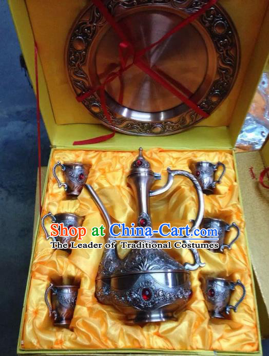 Traditional Handmade Chinese Mongol Nationality Crafts Copper Wine Set, China Mongolian Minority Nationality Carving Flagon and Drinking Cup