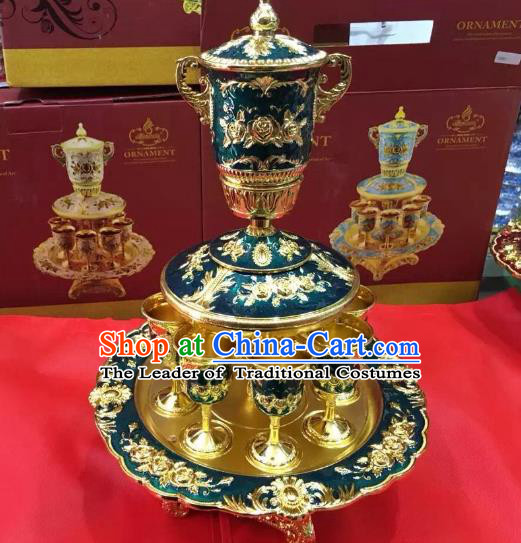 Traditional Handmade Chinese Mongol Nationality Crafts Green Wine Set, China Mongolian Minority Nationality Cloisonne Carving Flagon and Drinking Cup