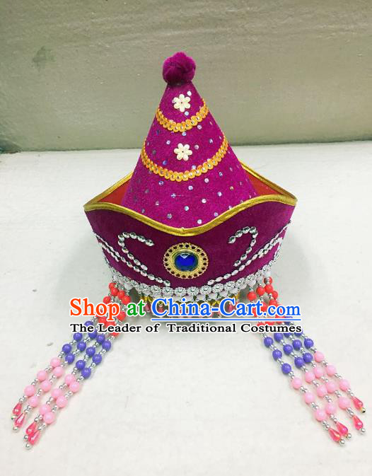 Traditional Handmade Chinese Mongol Nationality Dance Purple Headwear Princess Hat, China Mongols Mongolian Minority Nationality Bride Tassel Headpiece for Women