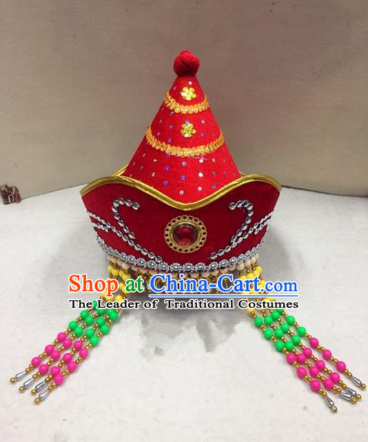 Traditional Handmade Chinese Mongol Nationality Dance Red Headwear Princess Hat, China Mongols Mongolian Minority Nationality Bride Tassel Headpiece for Women