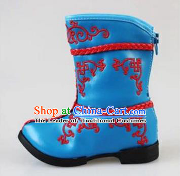 Traditional Chinese Minority Mongol Nationality Dance Shoes, Ethnic Minorities Mongolian Boots Blue Embroidery Boots for Kids