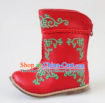 Traditional Chinese Minority Mongol Nationality Dance Shoes, Ethnic Minorities Mongolian Boots Red Embroidery Boots for Kids