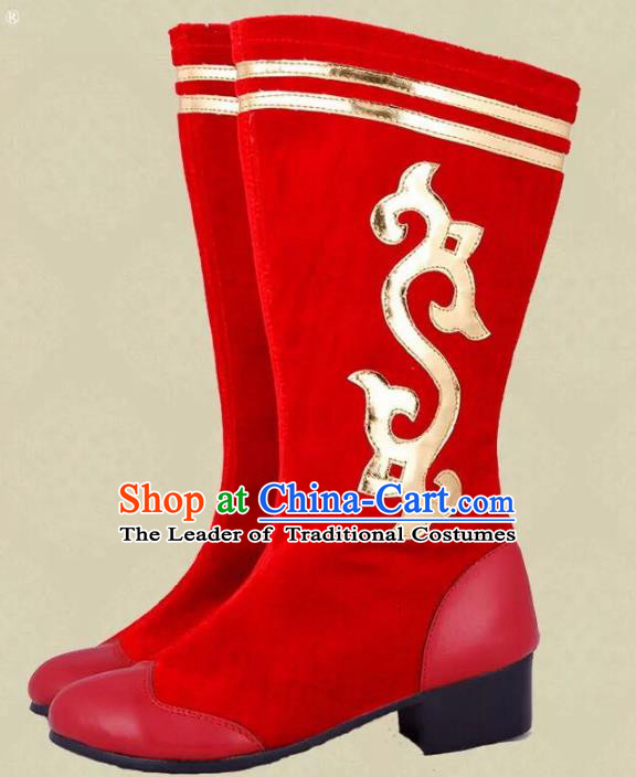 Traditional Chinese Minority Mongol Nationality Dance Red Shoes, Ethnic Minorities Mongolian Wedding Boots Embroidery Boots for Women