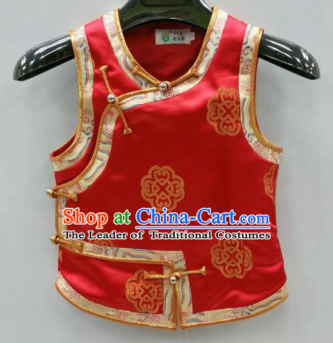 Traditional Chinese Mongol Nationality Dance Costume Handmade Mongolian Vest, China Mongolian Minority Nationality Red Waistcoat for Kids