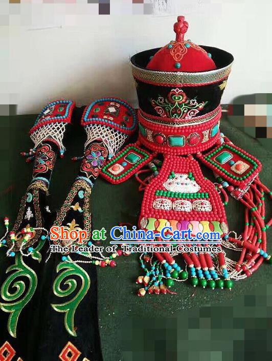 Traditional Handmade Chinese Mongol Nationality Handmade Princess Hat, China Mongols Mongolian Minority Nationality Wedding Bride Headwear Headpiece for Women