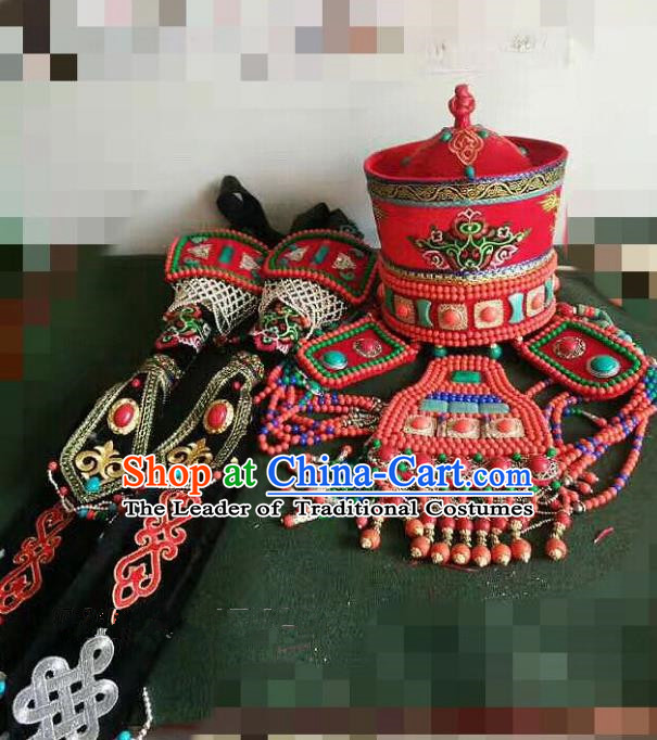 Traditional Handmade Chinese Mongol Nationality Handmade Princess Hat, China Mongols Mongolian Minority Nationality Wedding Bride Headwear Headpiece for Women