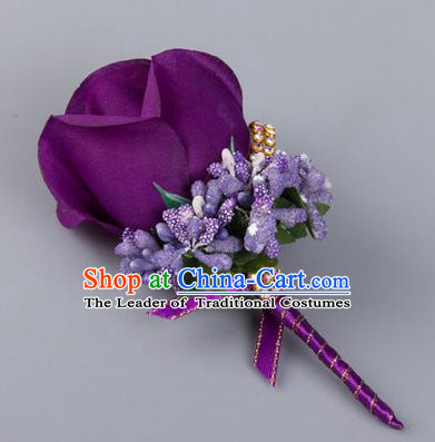 Top Grade Wedding Accessories Decoration Flower Corsage, China Style Wedding Ornament Champagne Bridegroom Purple Rose Brooch