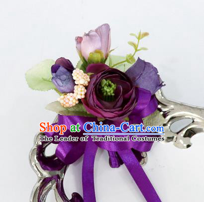 Top Grade Classical Wedding Silk Flowers,Groom Emulational Corsage Groomsman Purple Brooch Flowers for Men