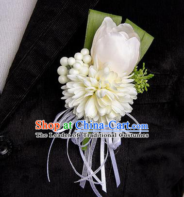 Top Grade Classical Wedding White Silk Tulipa Flowers,Groom Emulational Corsage Groomsman Brooch Flowers for Men