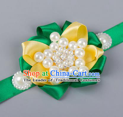 Top Grade Classical Wedding Pearl Green Ribbon Bangle, Bride Emulational Wrist Flowers Bridesmaid Bracelet Flowers for Women