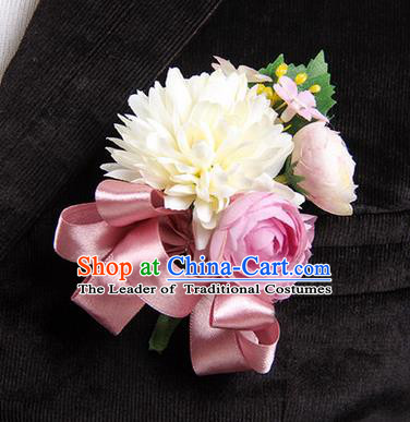 Top Grade Classical Wedding Cameo Brown Ribbon Silk Flowers,Groom Emulational Corsage Groomsman Brooch Flowers for Men