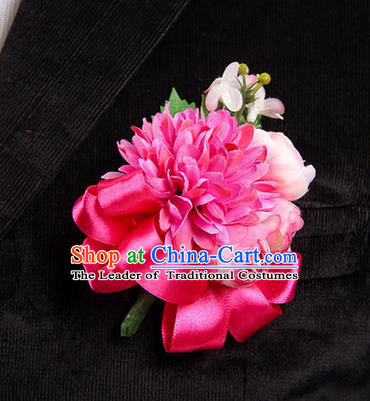 Top Grade Classical Wedding Rosy Ribbon Silk Flowers,Groom Emulational Corsage Groomsman Brooch Flowers for Men