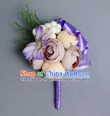 Top Grade Classical Wedding Lilac Silk Flowers,Groom Emulational Corsage Brooch Flowers for Men