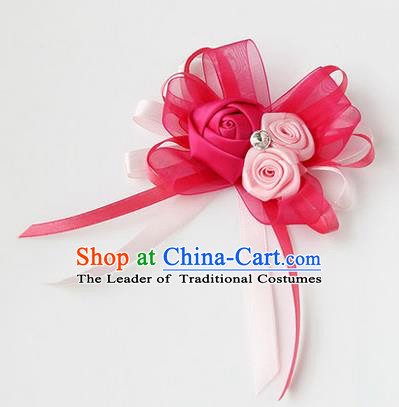 Top Grade Classical Wedding Ribbon Flowers, Bride Emulational Corsage Bridesmaid Rosy Bowknot Brooch Flowers for Women