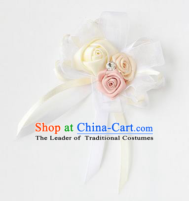 Top Grade Classical Wedding Ribbon Flowers, Bride Emulational Corsage Bridesmaid White Bowknot Brooch Flowers for Women