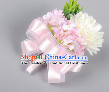 Top Grade Classical Wedding Pink Ribbon Flowers, Bride Emulational Corsage Bridesmaid Brooch Flowers for Women