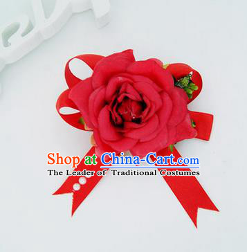 Top Grade Classical Wedding Red Silk Flowers, Bride Emulational Corsage Bridesmaid Bowknot Ribbon Brooch Rose Flowers for Women