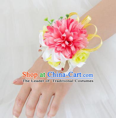 Top Grade Classical Wedding Silk Flowers, Bride Emulational Wrist Flowers Bridesmaid Bracelet Watermelon Red Flowers for Women