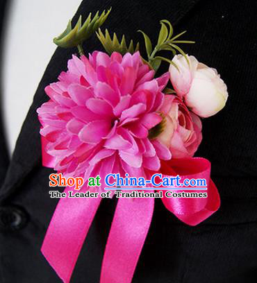 Top Grade Classical Wedding Silk Flowers,Groom Emulational Corsage Groomsman Rosy Ribbon Brooch Flowers for Men