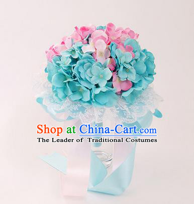 Top Grade Classical Wedding Silk Flowers, Bride Holding Emulational Pink and Blue Flowers Ball, Hand Tied Bouquet Flowers for Women