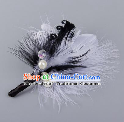 Top Grade Classical Wedding Black Feather Corsage Brooch, Groom Emulational Corsage Groomsman Brooch Flowers for Men