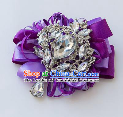 Top Grade Classical Wedding Purple Ribbon Corsage Brooch, Bride Emulational Corsage Bridemaid Crystal Brooch Flowers for Women