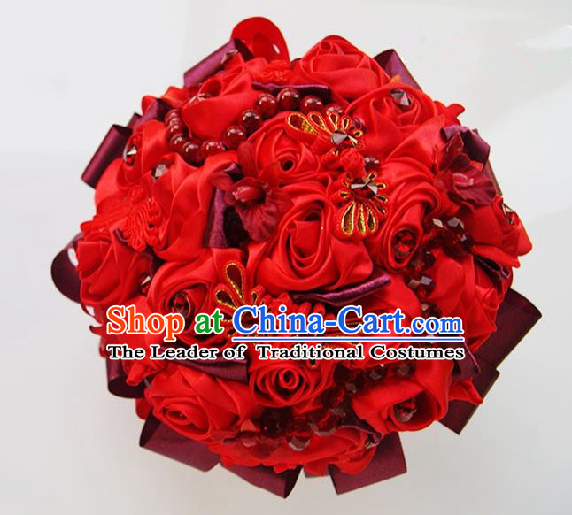 Top Grade Classical China Wedding Extravagant Chinese Knot Rose Flowers Nosegay, Bride Holding Luxury Crystal Flowers Ball Hand Tied Bouquet Flowers for Women