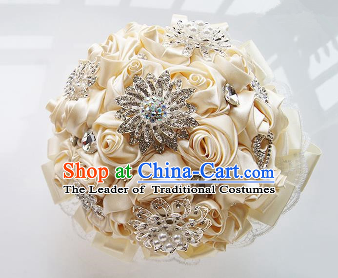 Top Grade Classical Wedding Beige Ribbon Corsage Brooch, Bride Emulational Corsage Bridemaid Brooch Flowers for Women