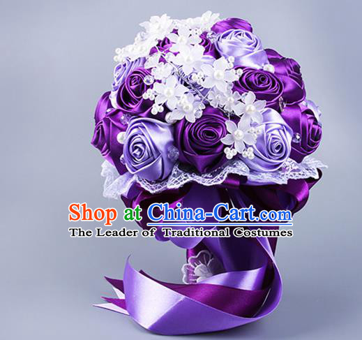 Top Grade Classical Wedding Purple Ribbon Silk Flowers, Bride Holding Emulational Flowers Ball, Hand Tied Bouquet Flowers for Women