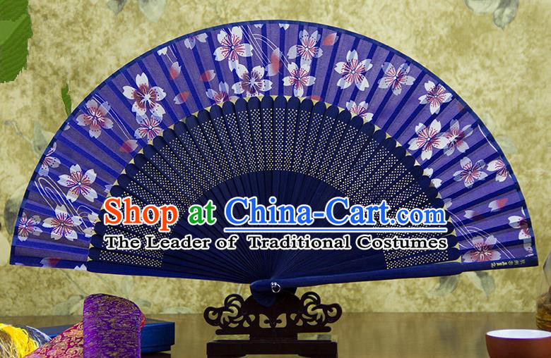 Traditional Chinese Crafts Purple Folding Fan, China Sensu Printing Oriental Cherry Silk Fan Hanfu Fans for Women