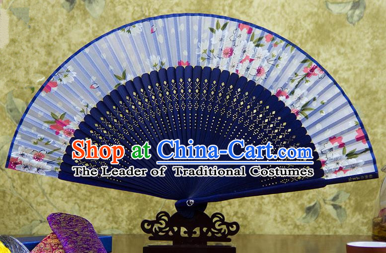 Traditional Chinese Handmade Crafts Blue Folding Fan, China Sensu Printing Flowers Silk Fan Hanfu Fans for Women