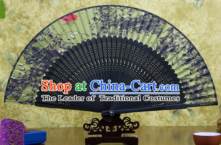 Traditional Chinese Handmade Crafts Black Folding Fan, China Sensu Printing Flowers Silk Fan Hanfu Fans for Women