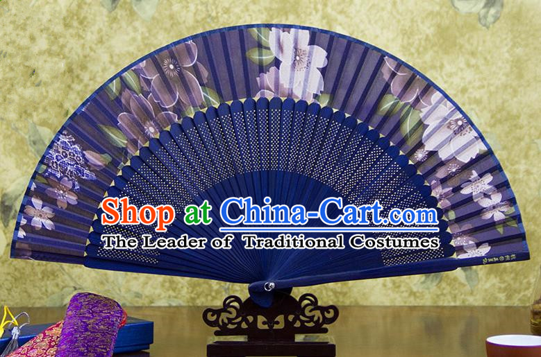 Traditional Chinese Handmade Crafts Blue Folding Fan, China Sensu Printing Flowers Silk Fan Hanfu Fans for Women