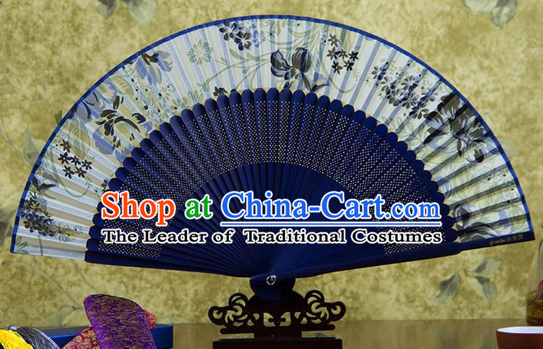 Traditional Chinese Handmade Crafts Royalblue Folding Fan, China Sensu Printing Flowers Silk Fan Hanfu Fans for Women