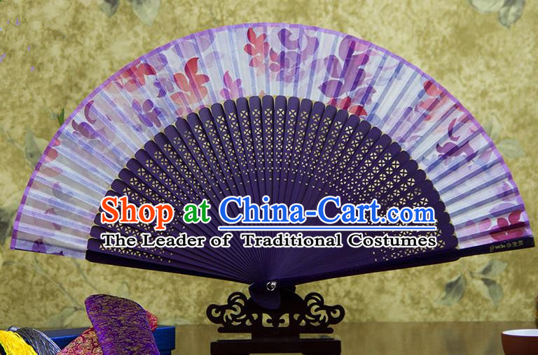 Traditional Chinese Handmade Crafts Purple Folding Fan, China Sensu Printing Flowers Silk Fan Hanfu Fans for Women