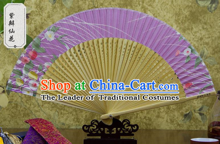 Traditional Chinese Handmade Crafts Lilac Folding Fan, China Sensu Printing Flowers Silk Fan Hanfu Fans for Women