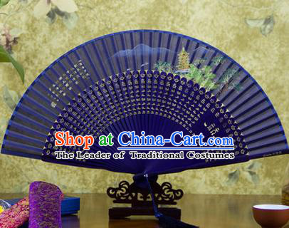 Traditional Chinese Handmade Crafts Folding Fan, China Sensu Painting Hangzhou West Lake Leifeng Pagoda Silk Fan Hanfu Fans for Women