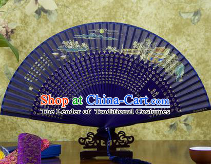 Traditional Chinese Handmade Crafts Folding Fan, China Sensu Painting Autumn Moon on Calm Lake Silk Fan Hanfu Fans for Women