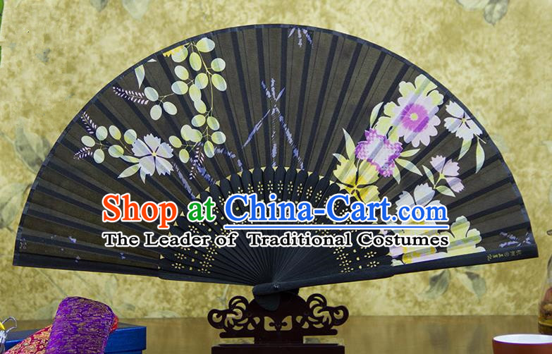 Traditional Chinese Handmade Crafts Folding Fan, China Pink Printing Flowers Sensu Black Silk Fan Hanfu Fans for Women