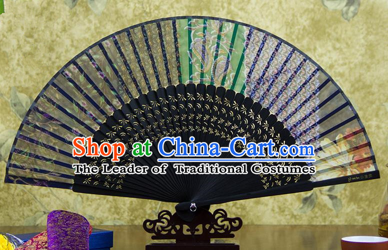 Traditional Chinese Handmade Crafts Folding Fan, China Pink Printing Flowers Sensu Black Silk Fan Hanfu Fans for Women