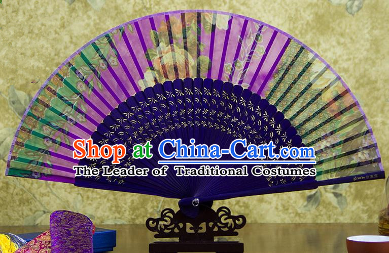 Traditional Chinese Handmade Crafts Folding Fan, China Green Printing Purple Flowers Sensu Orange Silk Fan Hanfu Fans for Women