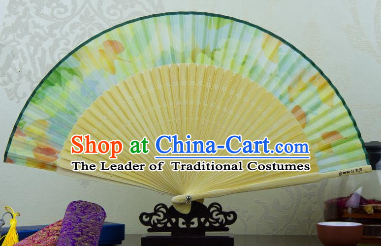 Traditional Chinese Handmade Crafts Folding Fan, China Green Printing Flowers Sensu Green Silk Fan Hanfu Fans for Women