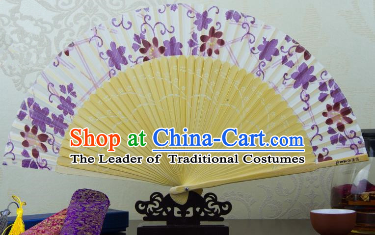 Traditional Chinese Handmade Crafts Folding Fan, China Printing Purple Flowers Sensu Silk Fan Hanfu Fans for Women