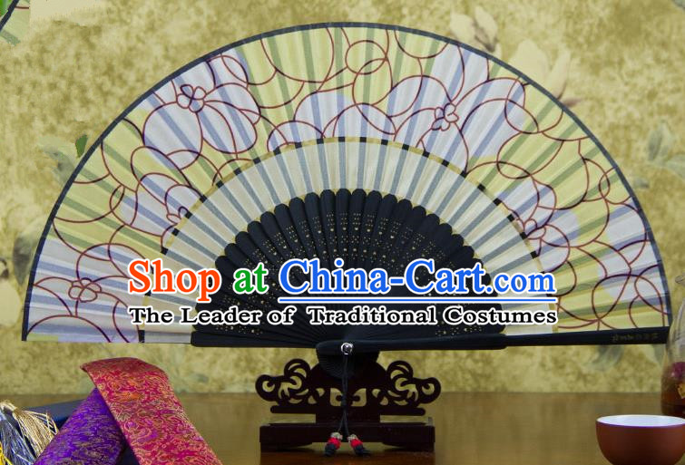 Traditional Chinese Handmade Crafts Two-segment Folding Fan, China Printing Flowers Sensu Yellow Silk Fan Hanfu Fans for Women