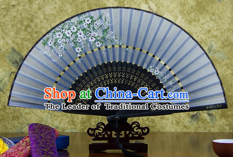 Traditional Chinese Handmade Crafts Two-segment Folding Fan, China Printing Flowers Sensu Blue Silk Fan Hanfu Fans for Women