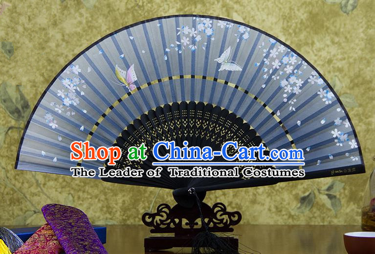 Traditional Chinese Handmade Crafts Two-segment Folding Fan, China Printing Butterfly Sensu Blue Silk Fan Hanfu Fans for Women