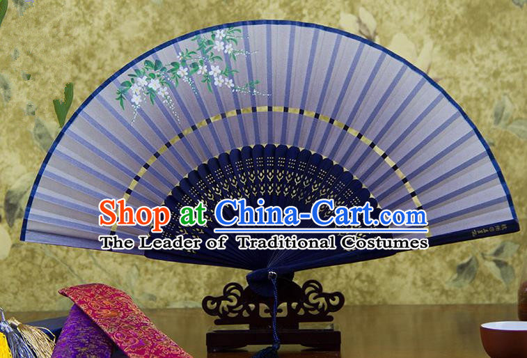 Traditional Chinese Handmade Crafts Two-segment Folding Fan, China Printing Flowers Sensu Blue Silk Fan Hanfu Fans for Women