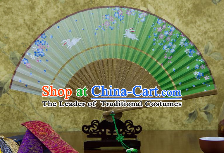 Traditional Chinese Handmade Crafts Two-segment Folding Fan, China Printing Flowers Rabbit Sensu Green Silk Fan Hanfu Fans for Women