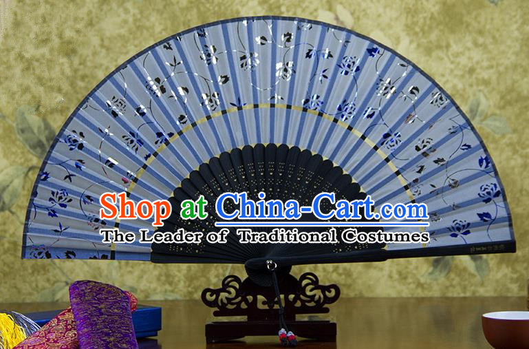 Traditional Chinese Handmade Crafts Two-segment Folding Fan, China Printing Rose Flowers Sensu Blue Silk Fan Hanfu Fans for Women