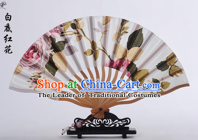 Traditional Chinese Handmade Crafts Folding Fan, China Printing Red Rose Sensu White Silk Fan Hanfu Fans for Women